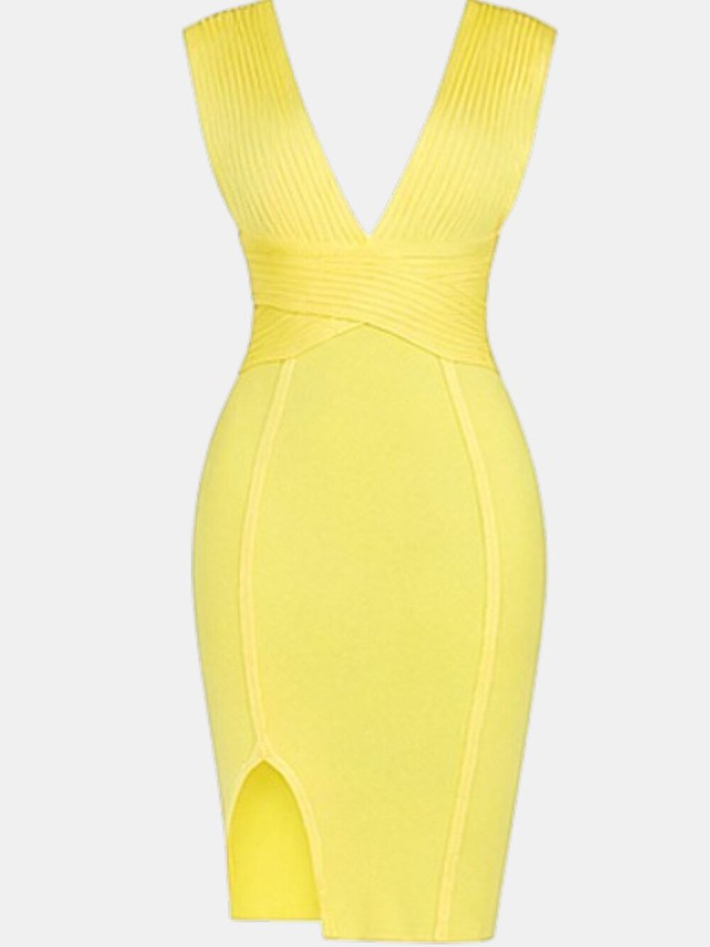 Yellow Wide Shoulder Strap Open Back Bandage Bodycon Deep V Dress | S & L - Picture 4 of 9